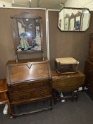 1920's oak two drawer bureau, oak barley twist gate leg dining table, rush seated stool,