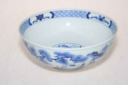 Chinese blue and white bowl decorated with figures and verse with six character mark to base,