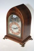 Edwardian mahogany W & H inlaid arched top mantel clock, 39cm.