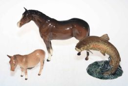 Three Beswick figurines, trout, horse and donkey.
