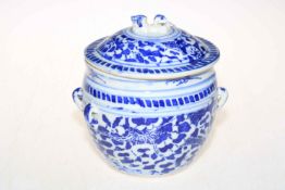 Chinese blue and white lidded pot with side lug handles, 18.5cm high.