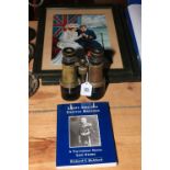 Late 19th Century Naval binoculars by Ross, London, Naval book and pair prints.