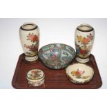Pair Satsuma vases with stands, 23.5cm high, Satsuma box and bowl, and Canton bowl (5).
