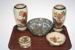 Pair Satsuma vases with stands, 23.5cm high, Satsuma box and bowl, and Canton bowl (5).