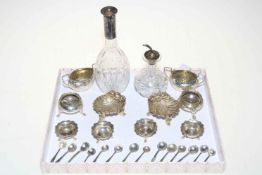 Collection of silver open salts and salt spoons including shell shape, and silver mounted bottles.