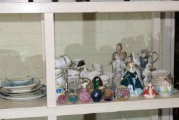 Royal Doulton and Nao figures, glass paperweights, assorted teawares, etc.