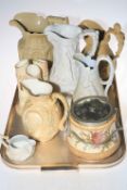 Tray lot with five Victorian relief moulded jugs, Carlton Ware biscuit jar,