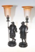 Pair of bronzed Oriental Warriors figure table lamps with shades, 45cm high.