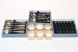 Set of six Hong Kong silver napkin rings, cased Sterling silver pickle forks and teaspoons,