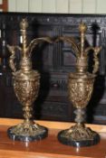 Pair large ornate gilt metal ewers, suitable for table lamps, 68cm.