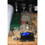 Boxed Thomas Webb decanter, other decanters, glassware, silver brush set, silver condiments, etc.