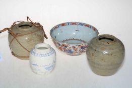 Three Oriental ginger jars and Chinese bowl.
