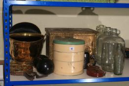 Brass coal scuttle, magazine box, vintage glass bottles, bowls, lamp, etc.