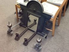 Cast iron overmantel mirror and two pairs of andirons (5).