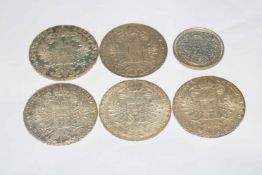 Five Maria Thaler Austria silver coins and a 1943 One Rupee India coin (6).