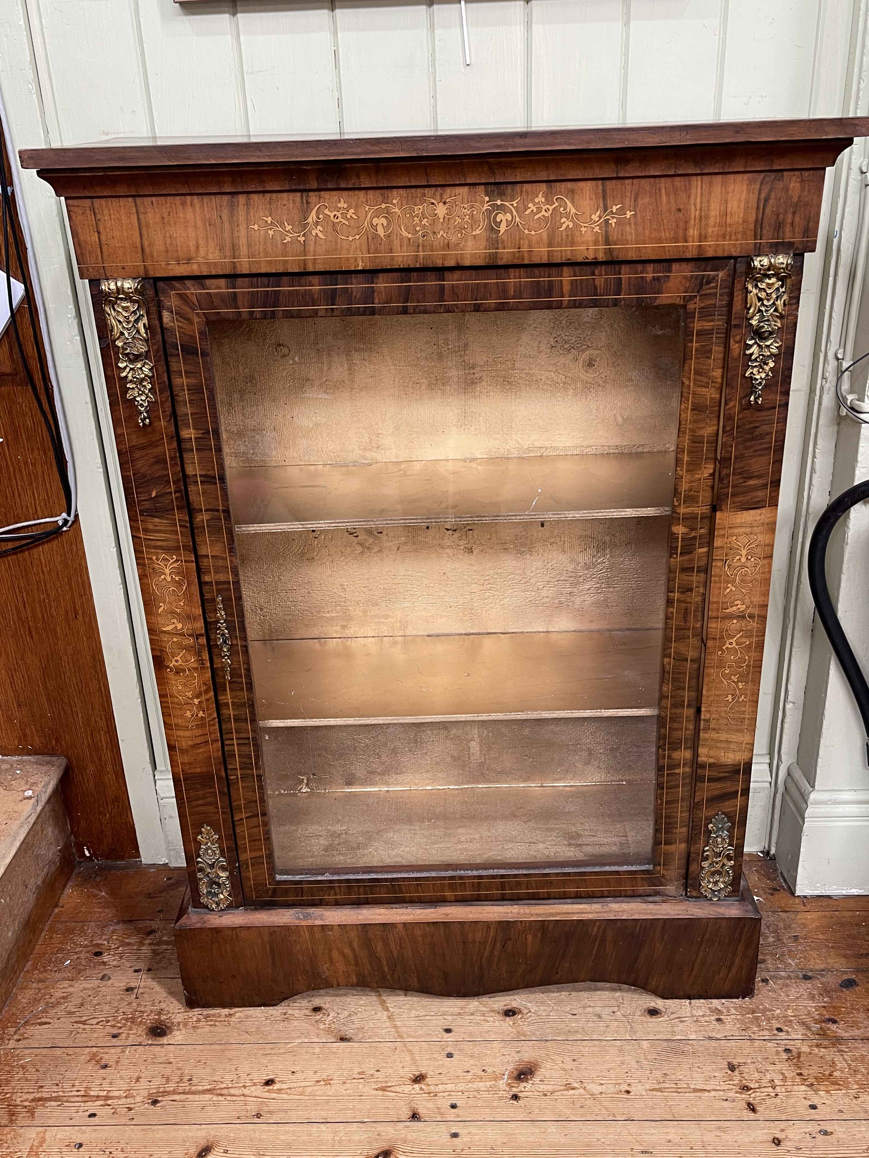 Victorian walnut and satinwood inlaid glazed door pier cabinet, 106cm by 77cm by 31.5cm.