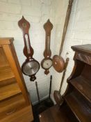 Two antique banjo barometers and four copper warming pans with turned wood handles (6).