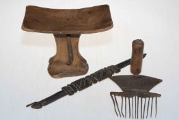 Three items of tribal wares including headrest.