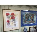 Rebecca Gilbert, Poppies, watercolour, 67cm by 52cm, in glazed frame and abstract Triangle Collage,