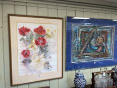 Rebecca Gilbert, Poppies, watercolour, 67cm by 52cm, in glazed frame and abstract Triangle Collage,