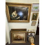Eighteen various framed paintings and prints including oil paintings, maps,