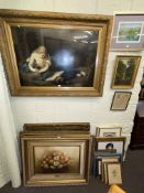 Eighteen various framed paintings and prints including oil paintings, maps,