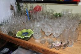 Collection of glass including decanters, ruby, vaseline, etc.