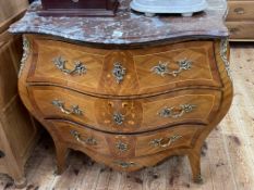 French marble topped, inlaid and brass mounted three drawer bombé front chest, 80cm by 88cm by 47cm.