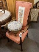 Edwardian line inlaid corner chair, two fold needlework panel screen, rush seated elbow chair,