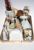 Tray lot with decorative items including Spode cup and cover, pin cushion ladies,