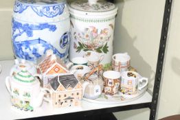 Blue and white Oriental barrel stool, Portmeirion lidded jar, Ringtons teapots, etc.