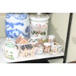 Blue and white Oriental barrel stool, Portmeirion lidded jar, Ringtons teapots, etc.