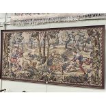 Large oak framed tapestry depicting a hunting scene, 95cm by 188cm including frame.