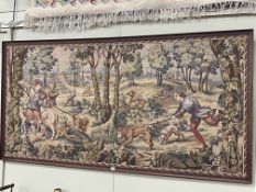 Large oak framed tapestry depicting a hunting scene, 95cm by 188cm including frame.