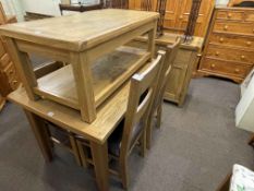 Light oak eight piece suite comprising three door sideboard, extending dining table,