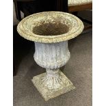 Cast iron Campana style pedestal garden urn, 51cm by 41cm diameter.