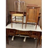 Edwardian mahogany and line inlaid marble topped washstand, pot cupboard and bedroom chair (3).