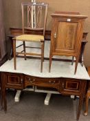 Edwardian mahogany and line inlaid marble topped washstand, pot cupboard and bedroom chair (3).