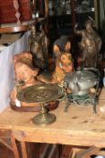 Ornate brass tazza, carved African bust, pair of spelter Roman Warrior figures, plaster bust,