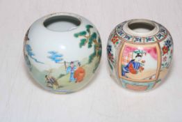 Two small ovoid Chinese vases each with figure decoration, larger having six character mark to base.