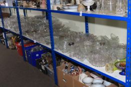 Large collection of glass including embossed royalty, comports, jugs, etc.