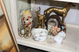 Small semi-precious stone globe, brassware, mantel clock, Sylvac and glass vases,