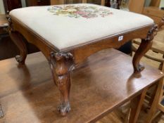 Large Victorian mahogany footstool in floral needlework, 41cm by 72cm by 67cm.