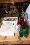 Victorian coloured glass, vintage wooden boat, christening gown, box of collectables, etc.