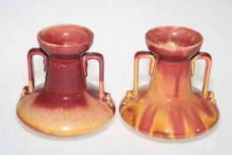Pair (matched) Linthorpe Pottery two handled vases, shape no 937, 13.5cm.