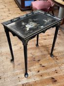 Black lacquered and Japanned dish top occasional table on pad feet, 67cm by 65cm by 43cm.