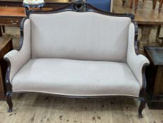 Late Victorian mahogany framed arched back parlour settee with serpentine front seat on cabriole