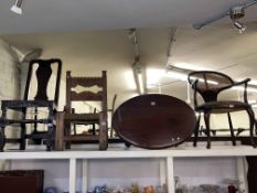 Oval mahogany coffee table on ball and claw legs and three various antique occasional chairs (4).