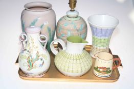 Three Denby pieces, two table lamps and Motto Ware jug (6).