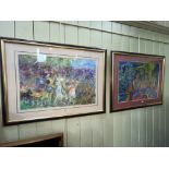 Rebecca Gilbert, Family Picnic, pastel, 49cm by 72cm, in glazed frame, and Indonesian Performers,